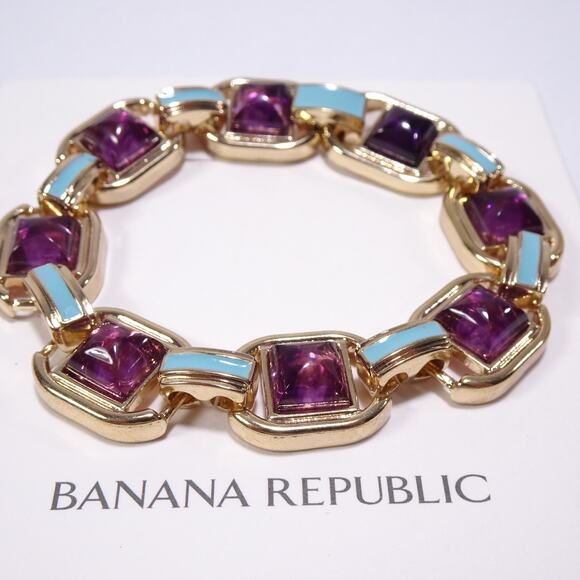 NWT 68 Banana Republic Gold Purple Stone Blue Enamel Link Clasp Bracelet - Picture 3 of 7